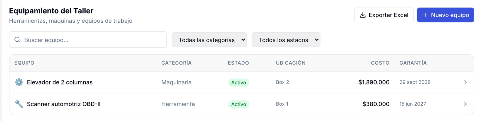 Pestaña Equipamiento del Taller con la lista de equipos, su estado, ubicación, costo y garantía