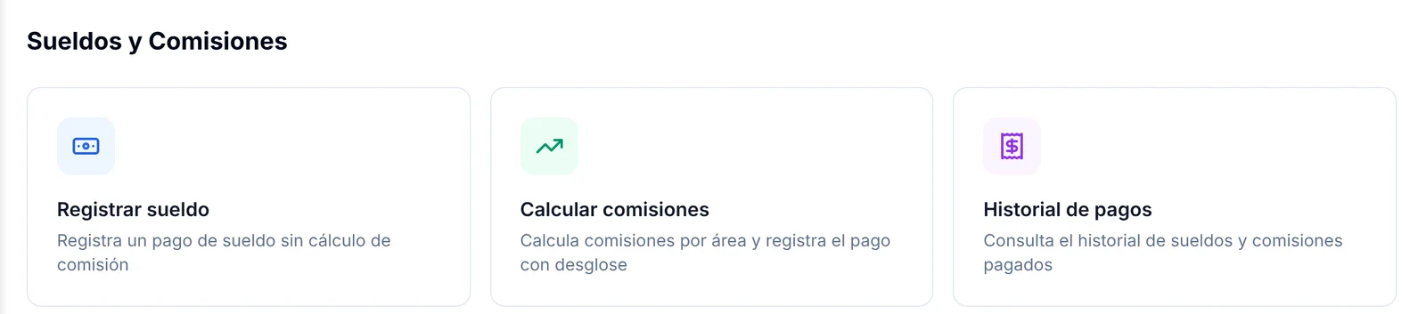 Pestaña Sueldos y Comisiones con las opciones Registrar sueldo, Calcular comisiones e Historial de pagos