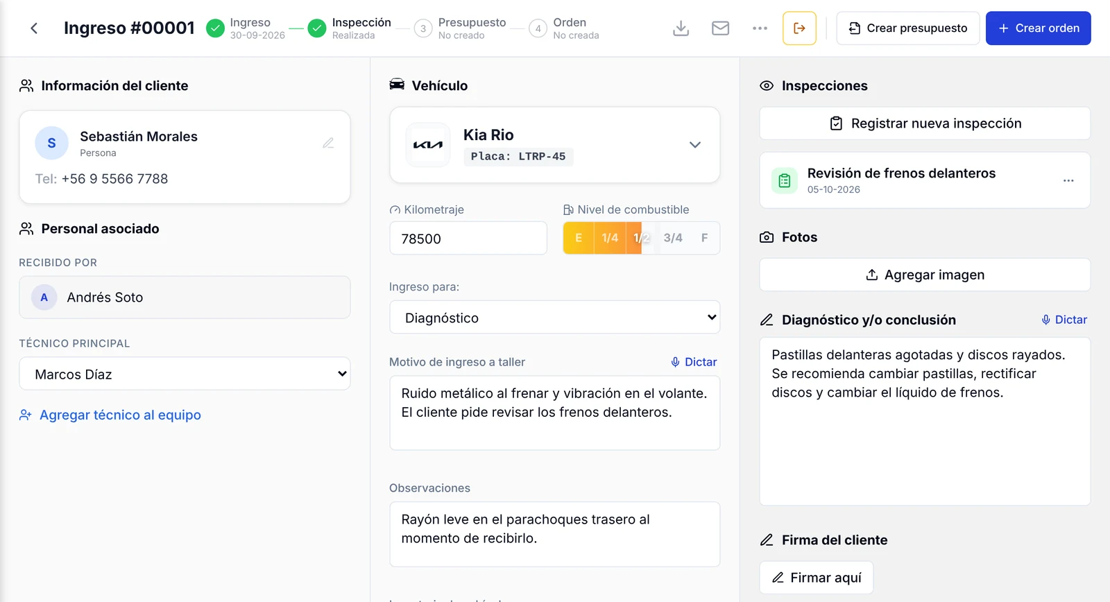 Ficha del ingreso con la inspección registrada, el diagnóstico escrito y el paso Inspección marcado como Realizada