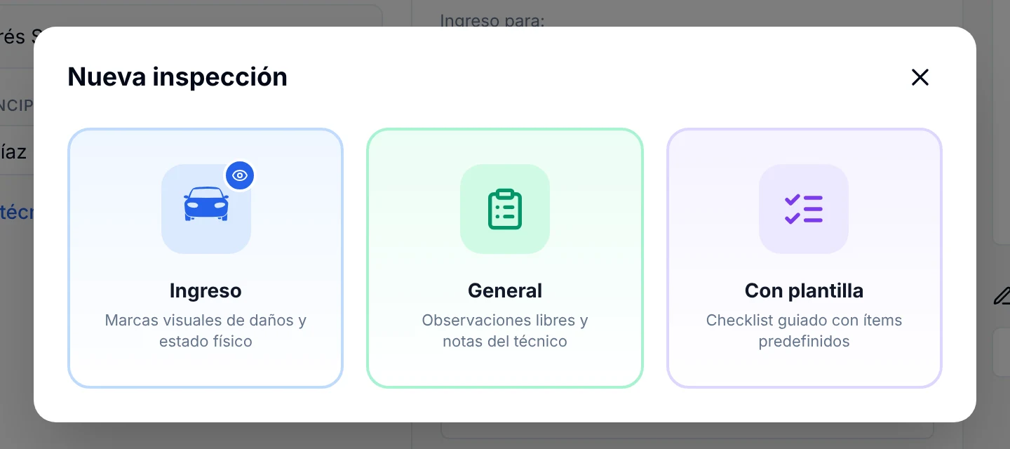 Ventana Nueva inspección con los tipos Ingreso, General y Con plantilla