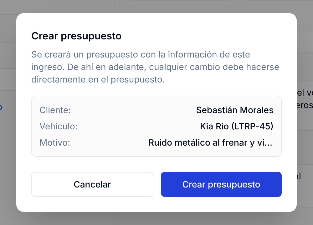 Confirmación Crear presupuesto con el cliente, el vehículo y el motivo tomados del ingreso