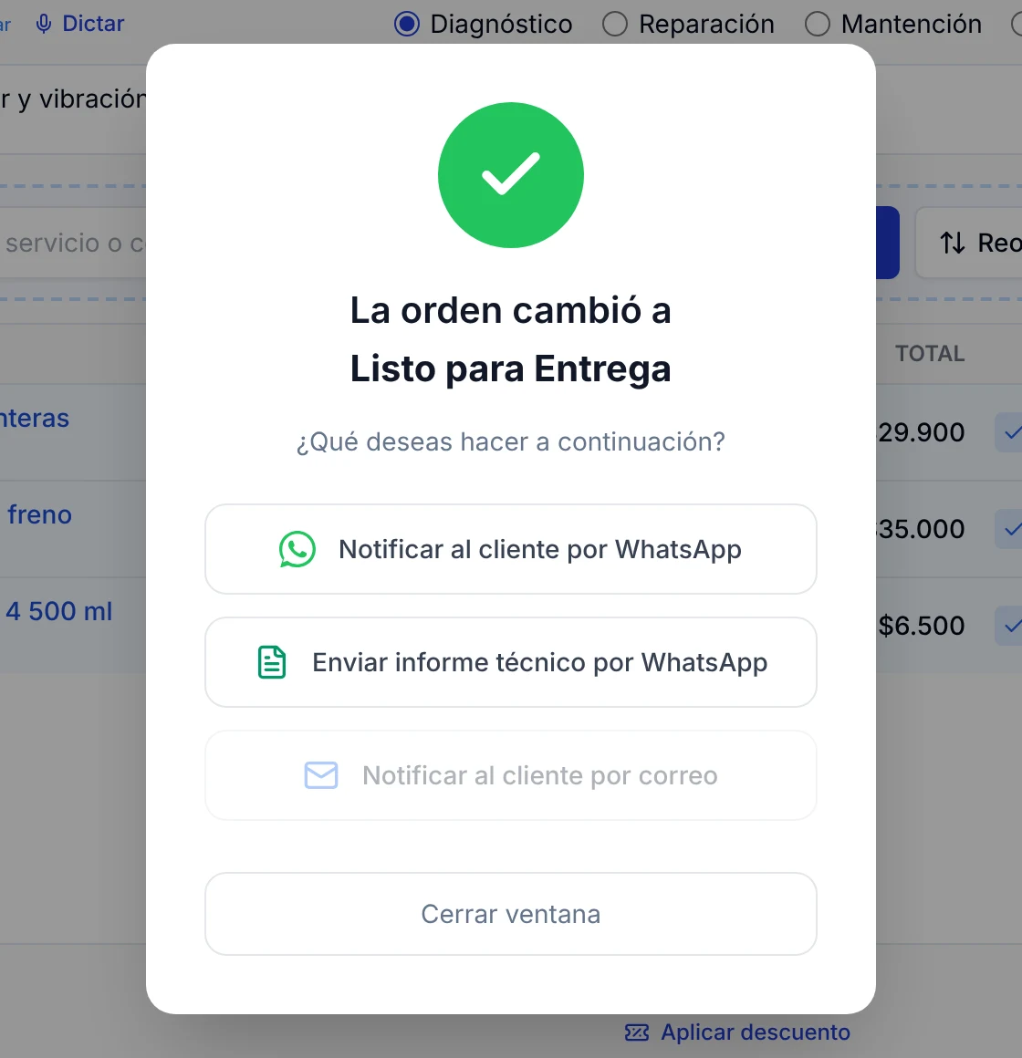 Ventana La orden cambió a Listo para Entrega con las opciones para notificar al cliente
