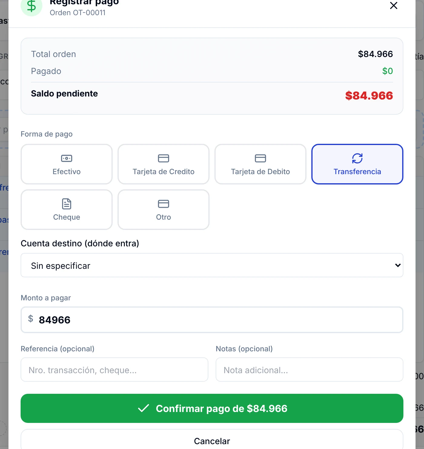 Ventana Registrar pago con la forma de pago Transferencia y el monto del saldo