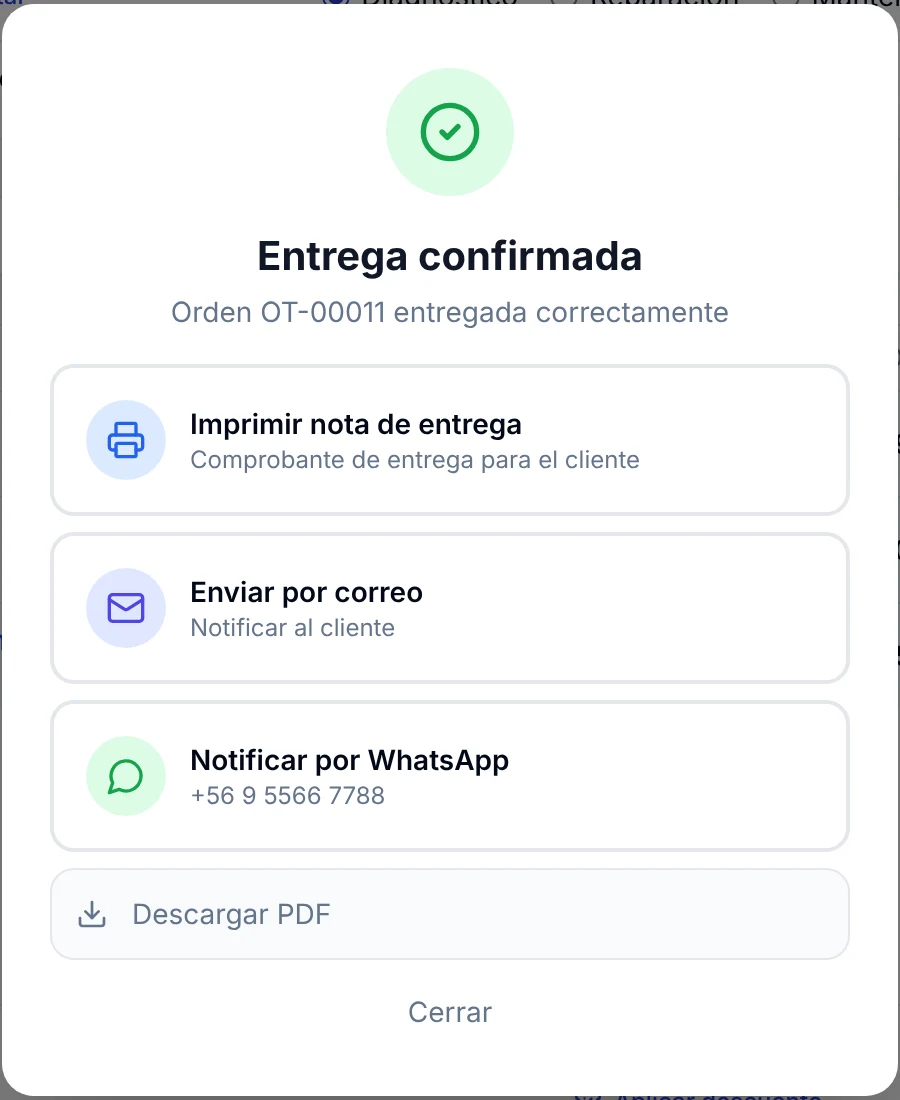 Ventana Entrega confirmada con las opciones para imprimir la nota de entrega o avisar al cliente