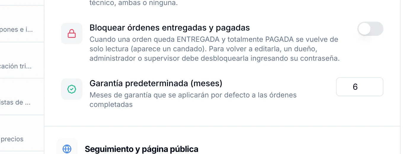 Ajuste Garantía predeterminada en meses dentro de Personalización, Órdenes de Trabajo