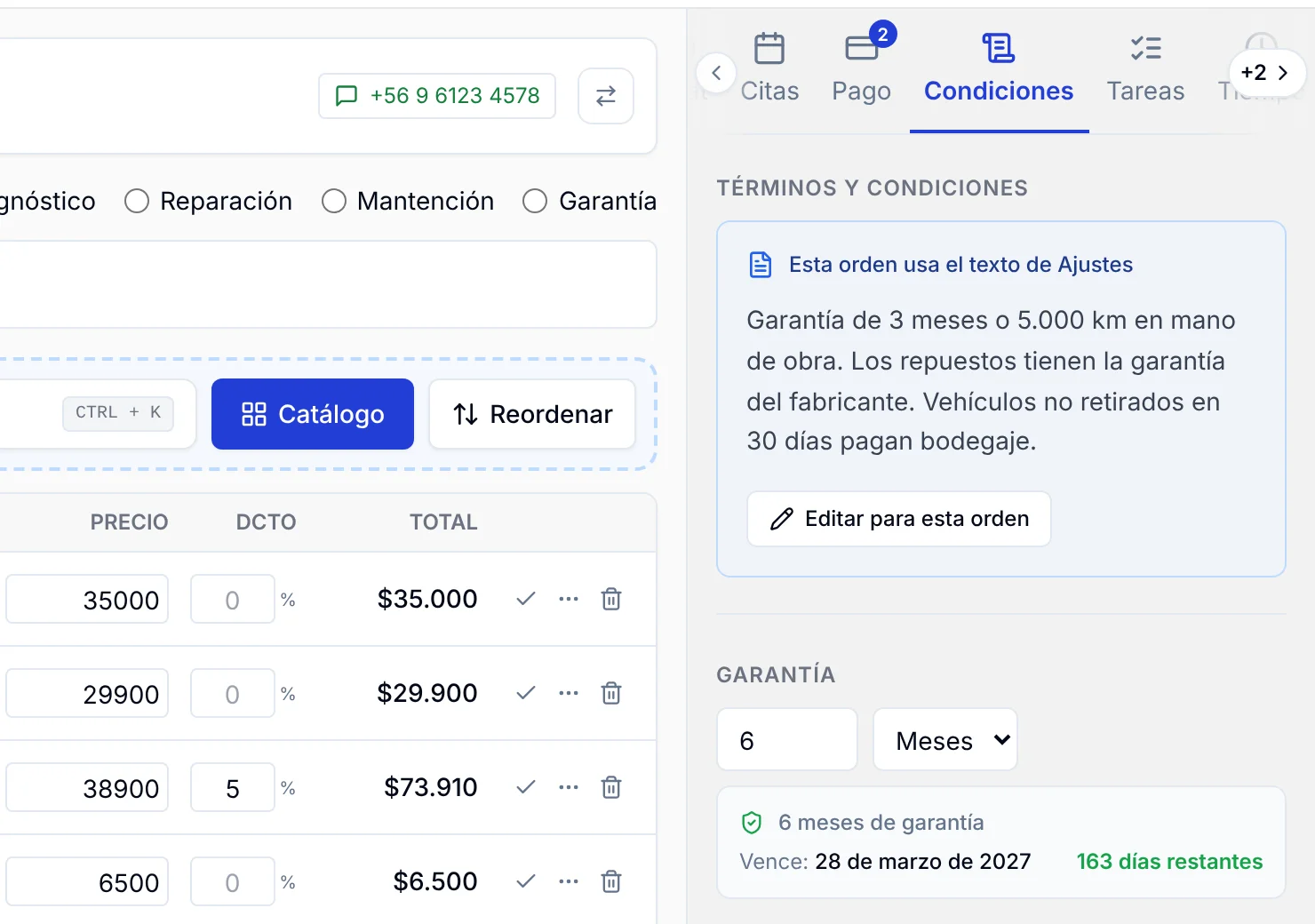 Pestaña Condiciones de una orden con el texto de términos y el campo Garantía de 6 meses que vence el 28 de marzo de 2027