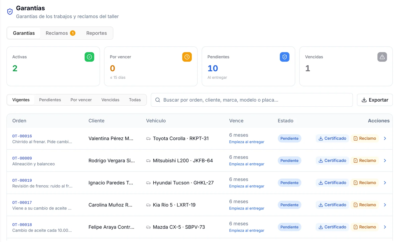 Pantalla Garantías con las cifras Activas, Por vencer, Pendientes y Vencidas y la lista de órdenes