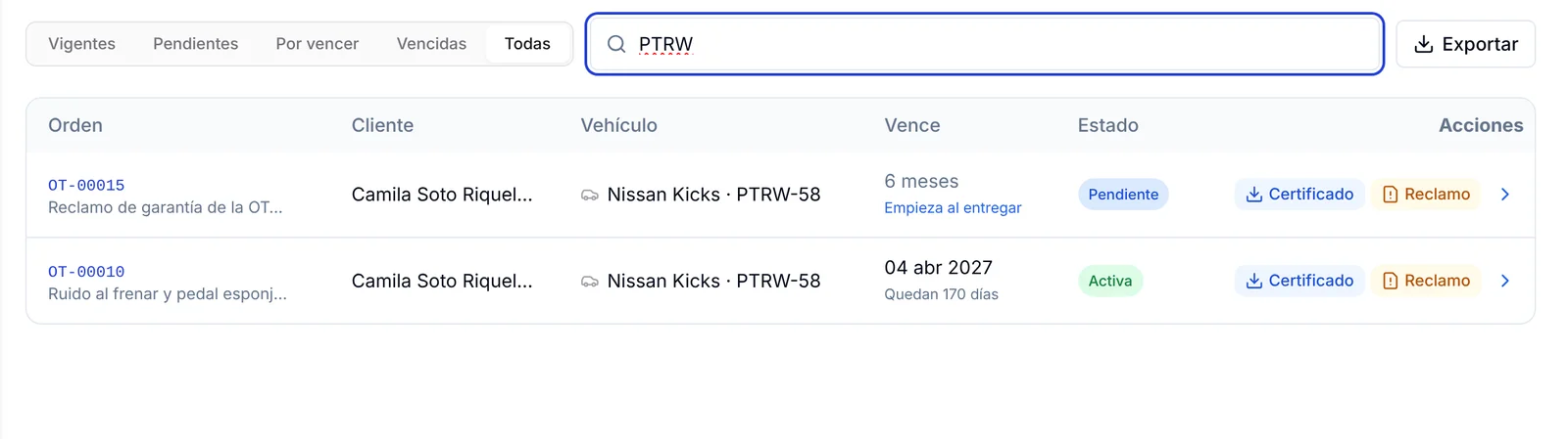 Filtro Todas con la búsqueda PTRW mostrando dos órdenes del Nissan Kicks, una pendiente y otra activa