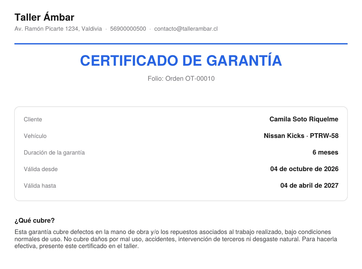 Certificado de garantía en PDF de la orden OT-00010 con cliente, vehículo, duración y fechas de validez