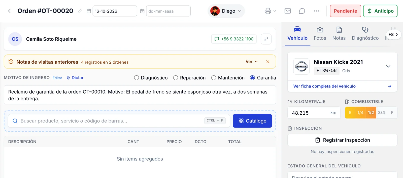 Orden de garantía OT-00020 creada desde el reclamo, con el tipo Garantía marcado y el motivo que menciona la orden original