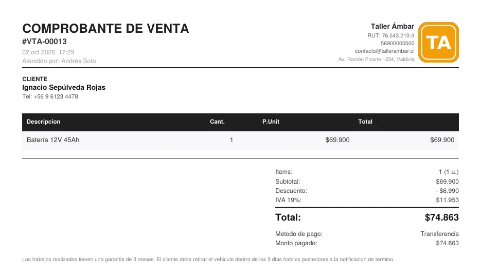 Comprobante de venta en PDF con los datos del taller, el cliente, el detalle del producto, el descuento, el IVA y el método de pago