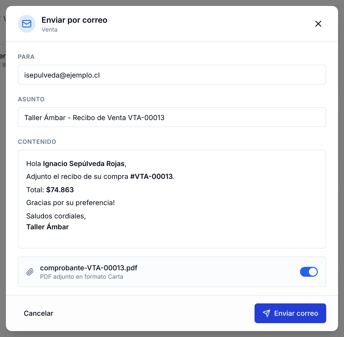 Ventana Enviar por correo con el destinatario, el asunto, el mensaje y el comprobante adjunto en PDF