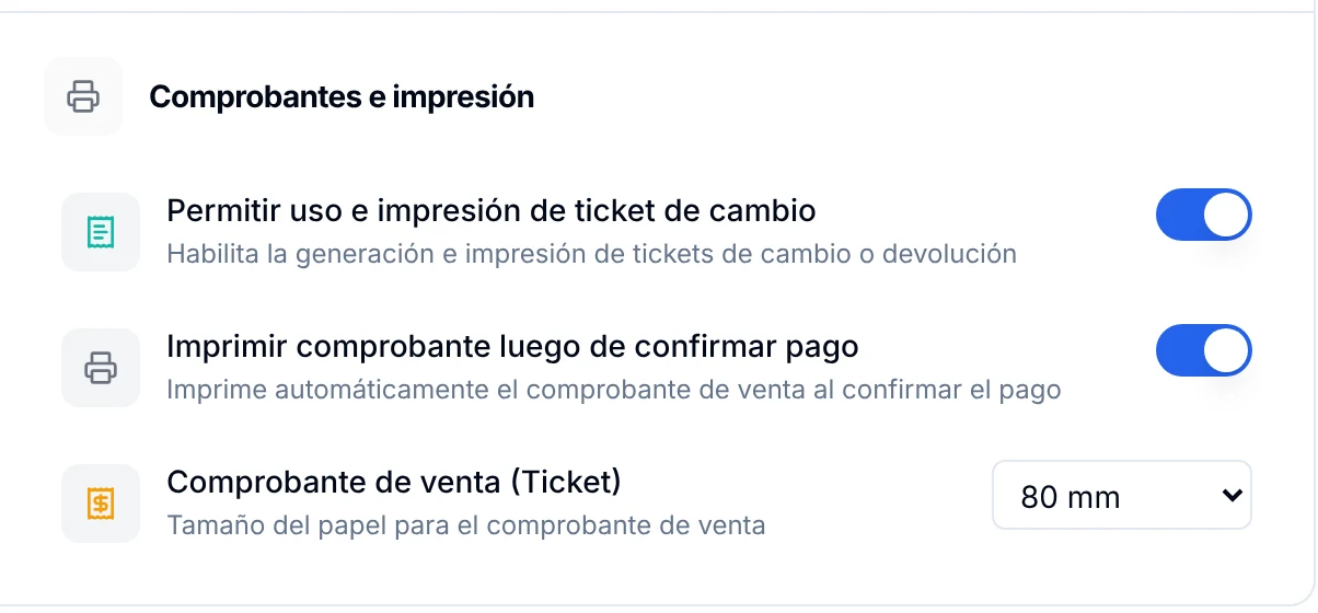 Sección Comprobantes e impresión de los ajustes del Punto de Venta, con el ticket de cambio, la impresión automática y el tamaño de papel