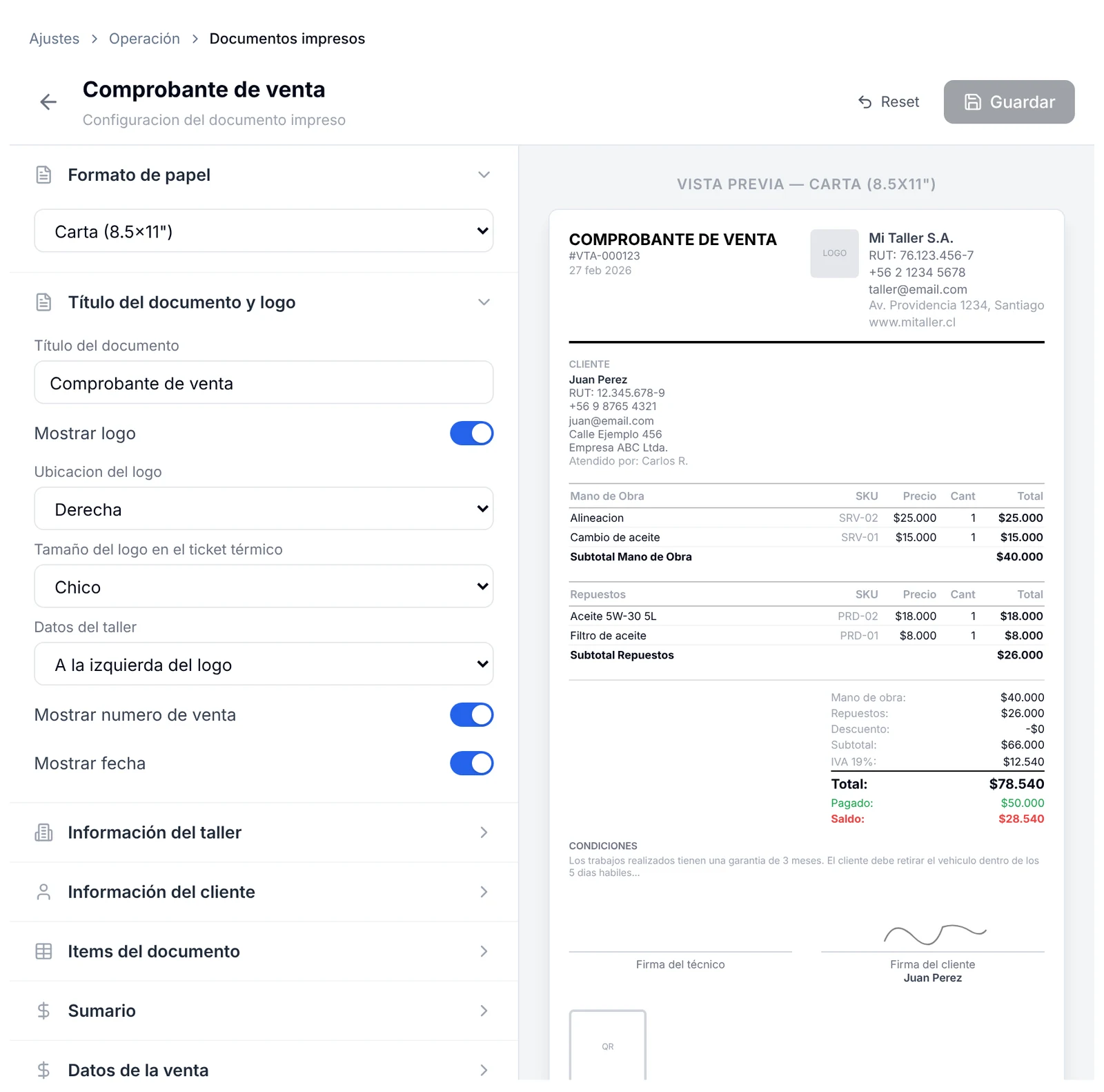 Editor del documento Comprobante de venta con las secciones de configuración a la izquierda y la vista previa en tamaño carta a la derecha