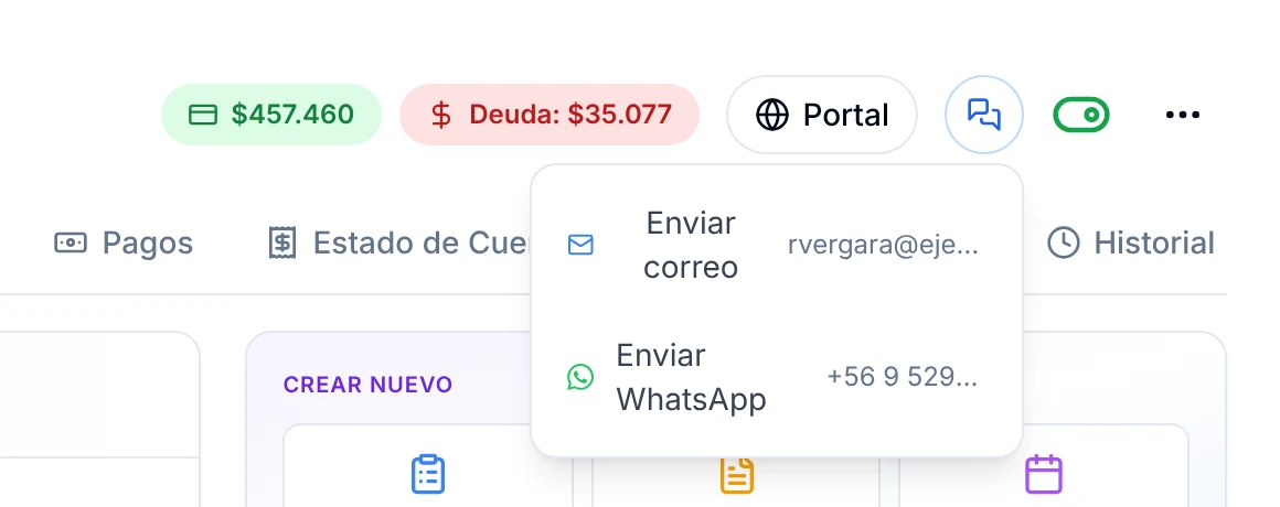 Menú para contactar al cliente con las opciones Enviar correo y Enviar WhatsApp