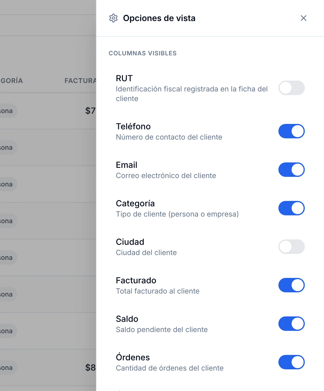Panel Opciones de vista con los interruptores de columnas visibles
