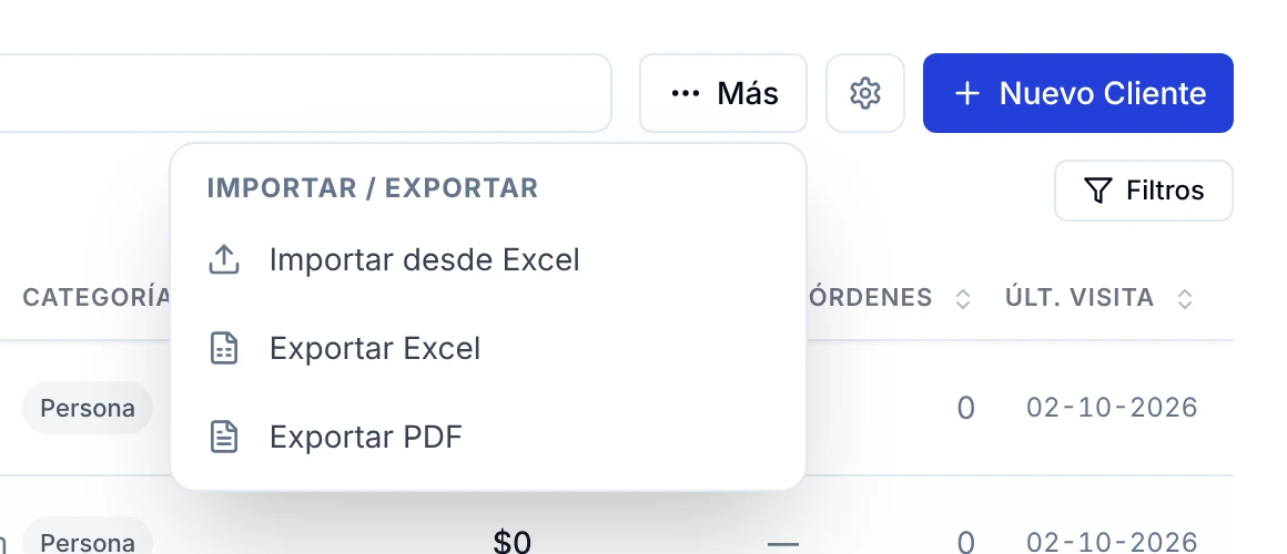 Menú Más con Importar desde Excel, Exportar Excel y Exportar PDF