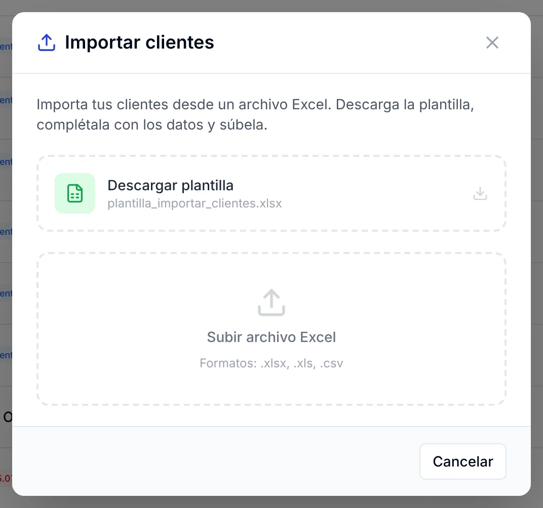 Ventana Importar clientes con la plantilla descargable y la zona para subir el archivo