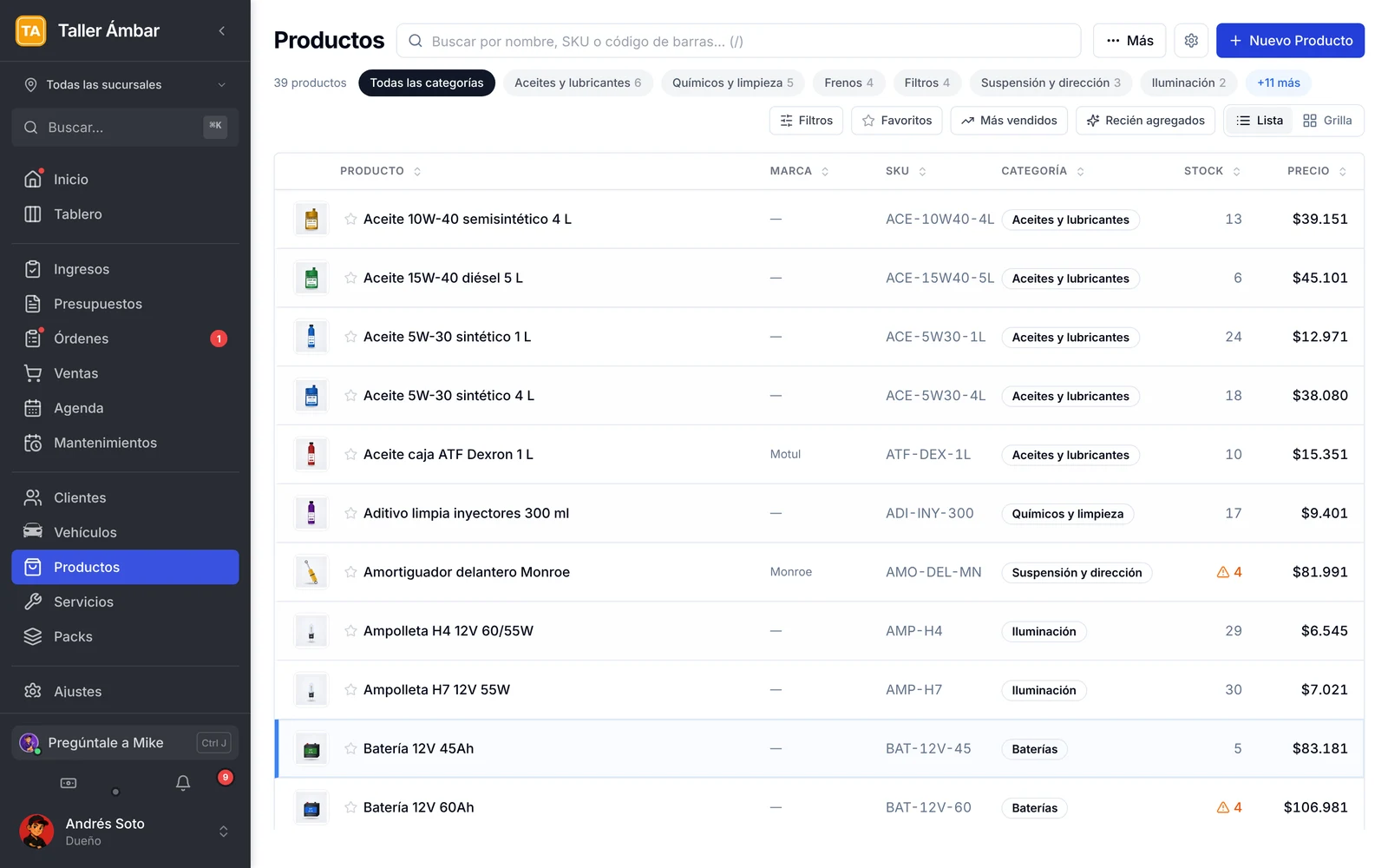 Pantalla Productos con la lista de repuestos, su SKU, categoría, stock y precio