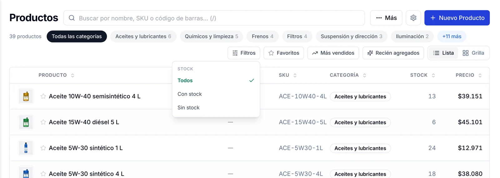 Fila de categorías y botón Filtros con las opciones Todos, Con stock y Sin stock