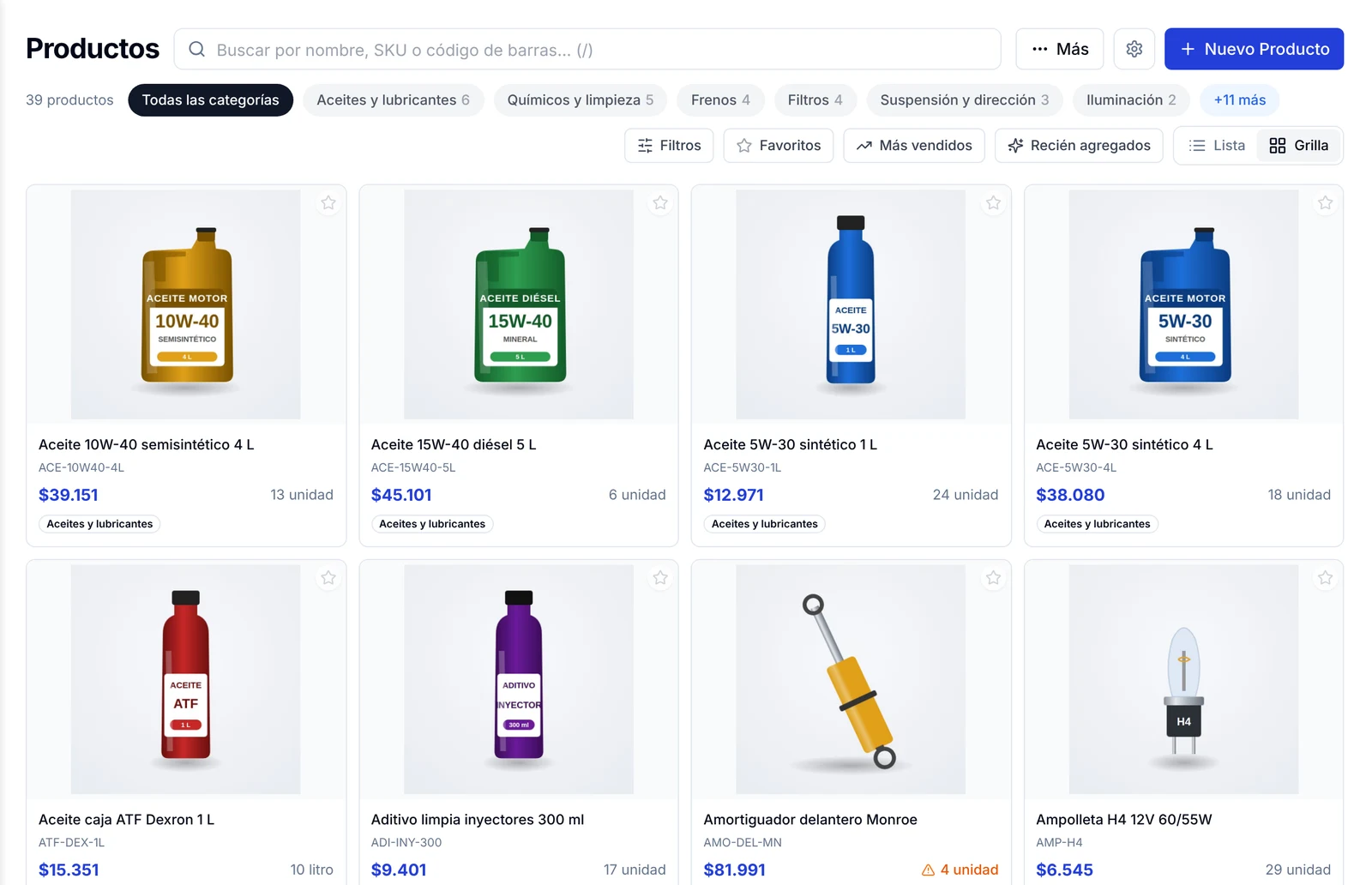 Vista Grilla de productos con foto, precio, stock y categoría de cada repuesto