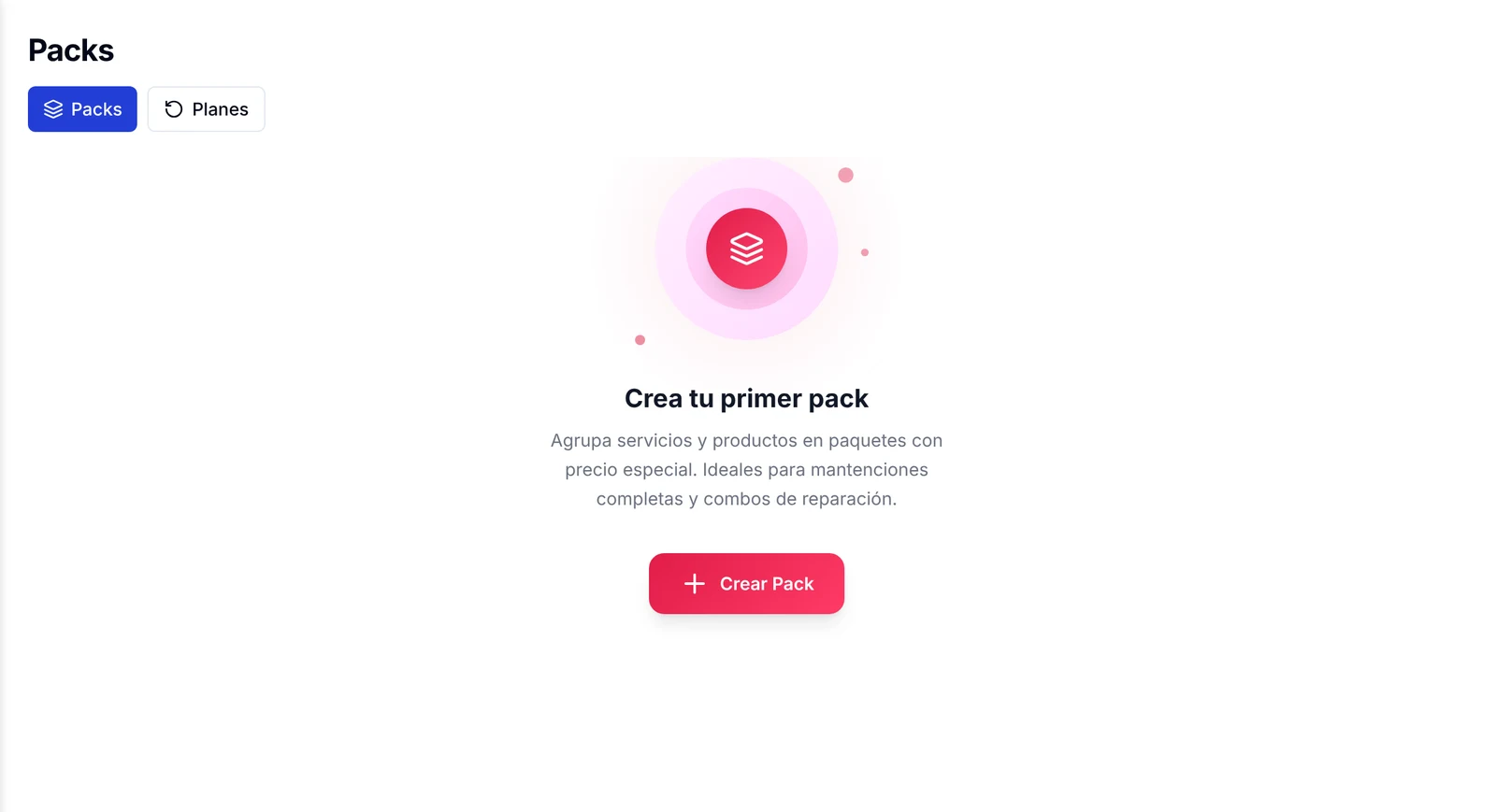 Pantalla Packs vacía con el botón Crear Pack
