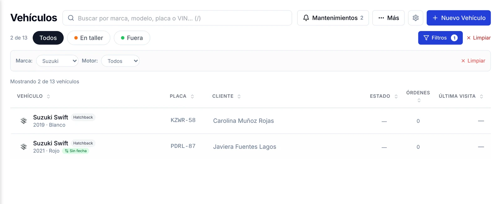 Panel de filtros de vehículos con los desplegables Marca y Motor