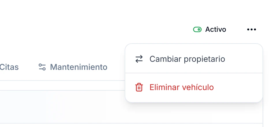 Menú de tres puntos del vehículo con Cambiar propietario y Eliminar vehículo