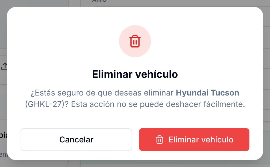 Ventana de confirmación para eliminar un vehículo con los botones Cancelar y Eliminar vehículo