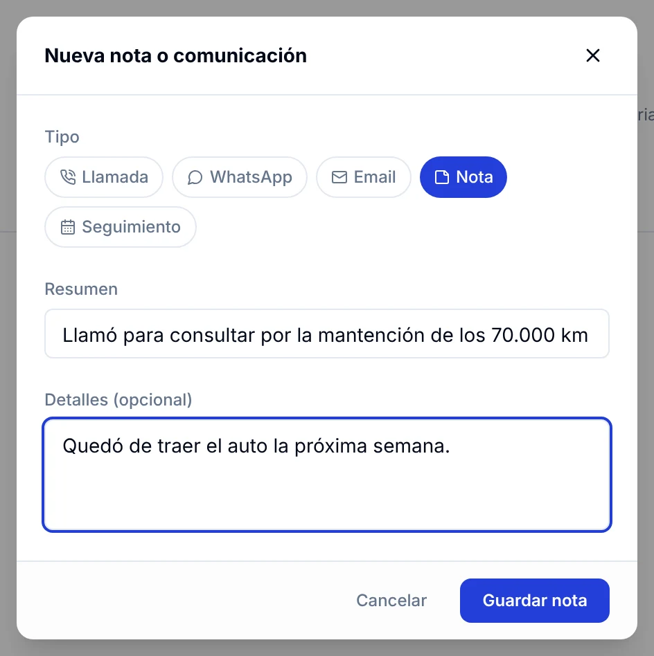 Ventana Nueva nota o comunicación con tipo, resumen y detalles