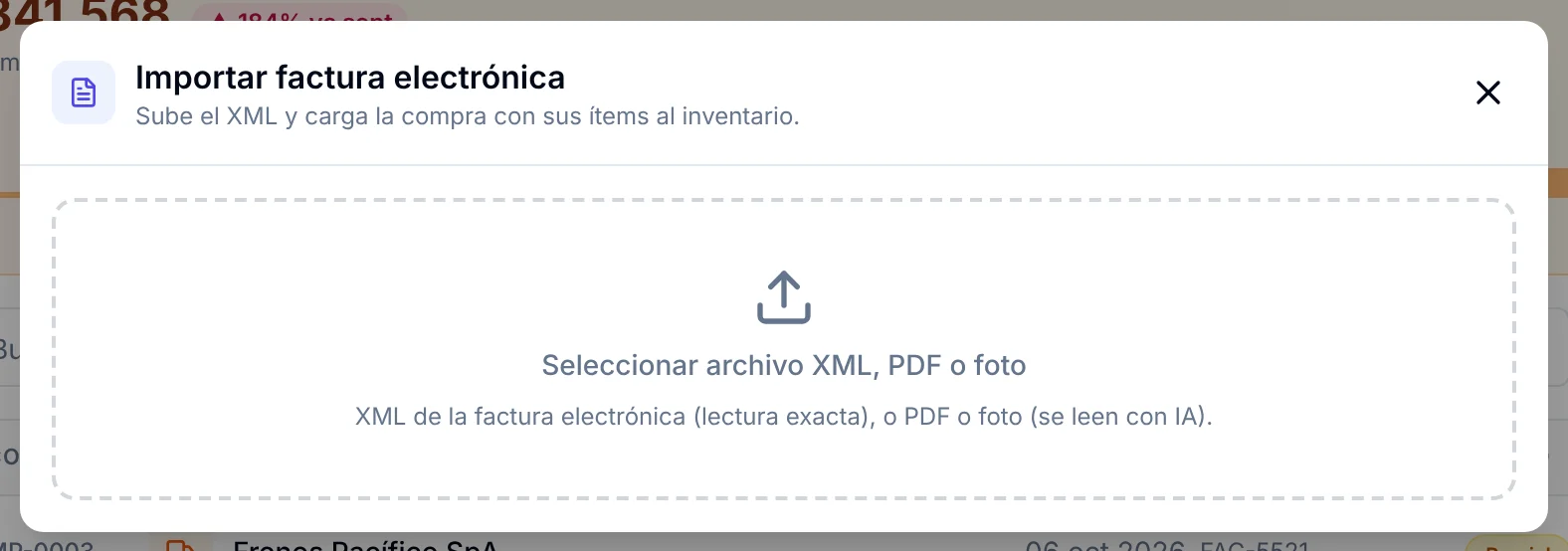 Ventana Importar factura electrónica con el recuadro para seleccionar archivo XML, PDF o foto