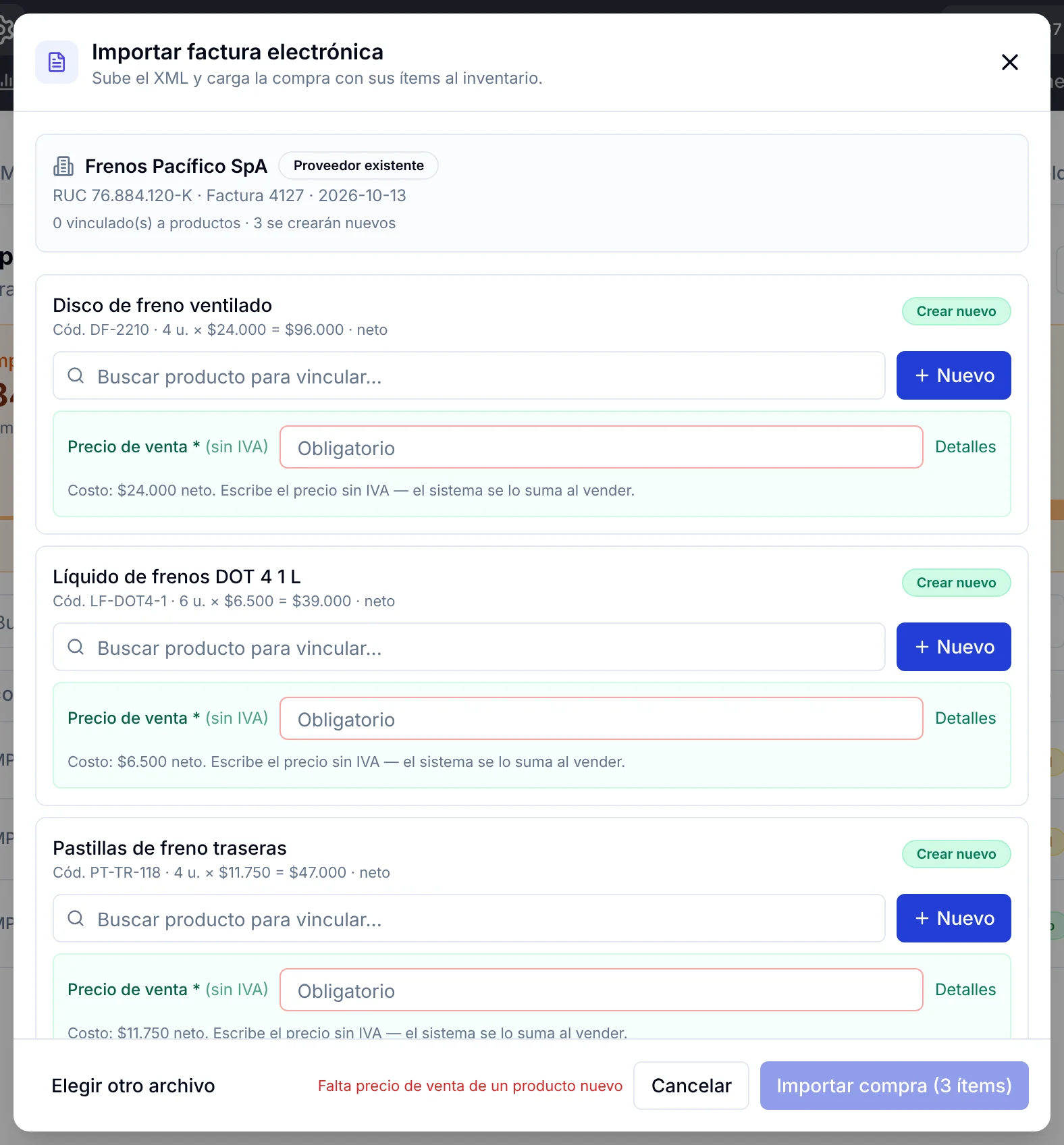 Vista previa de la factura importada con el proveedor existente, el número de factura y tres ítems marcados Crear nuevo