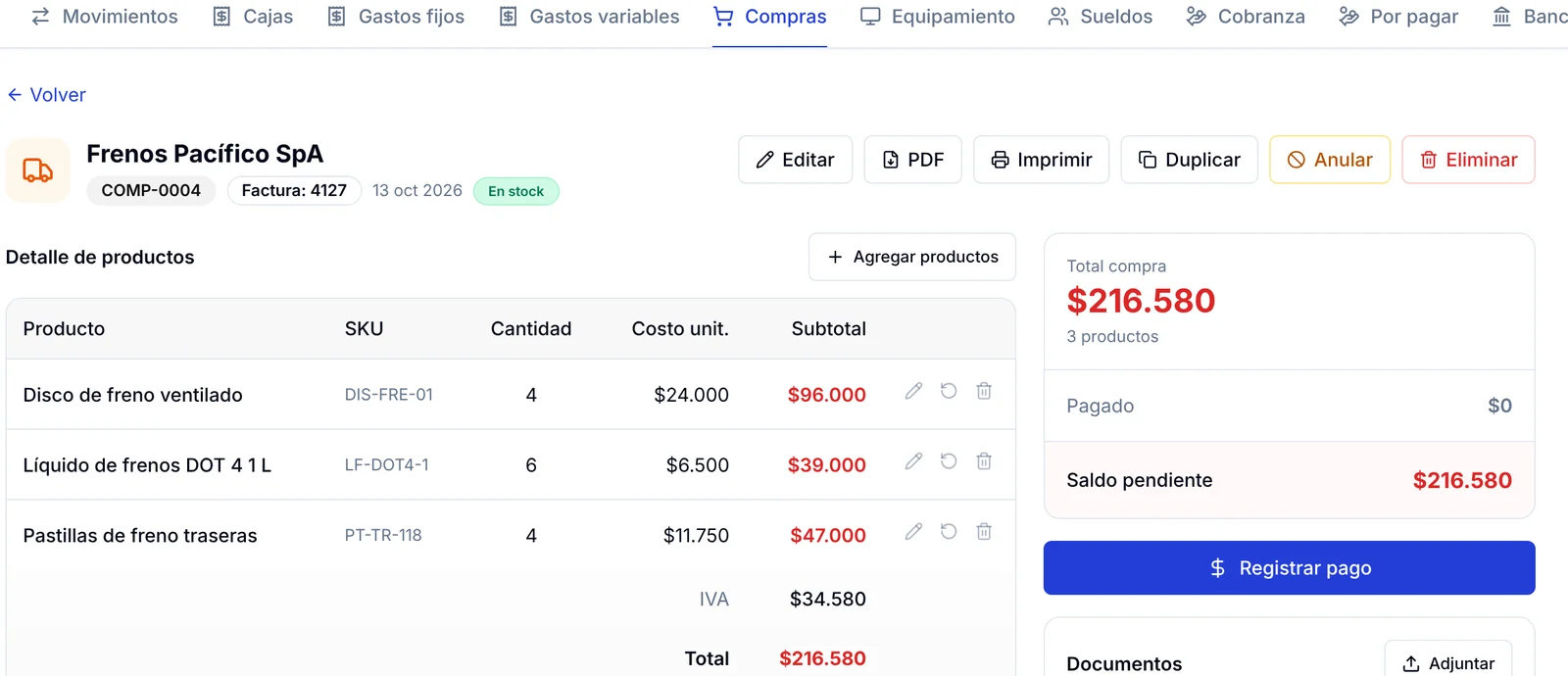 Ficha de la compra COMP-0004 importada con tres productos, IVA, total y saldo pendiente
