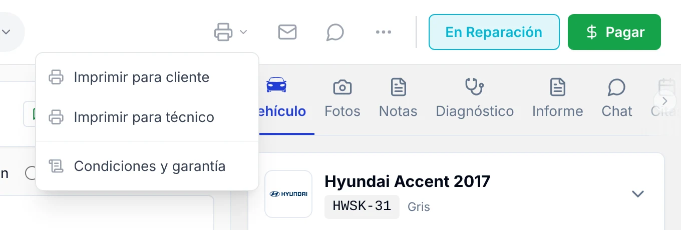 Menú de la impresora con Imprimir para cliente, Imprimir para técnico y Condiciones y garantía