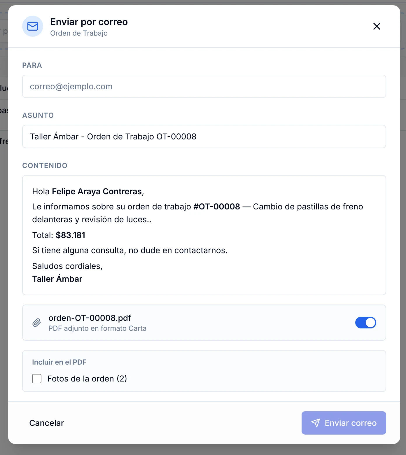 Ventana Enviar por correo con destinatario, asunto, contenido y PDF adjunto