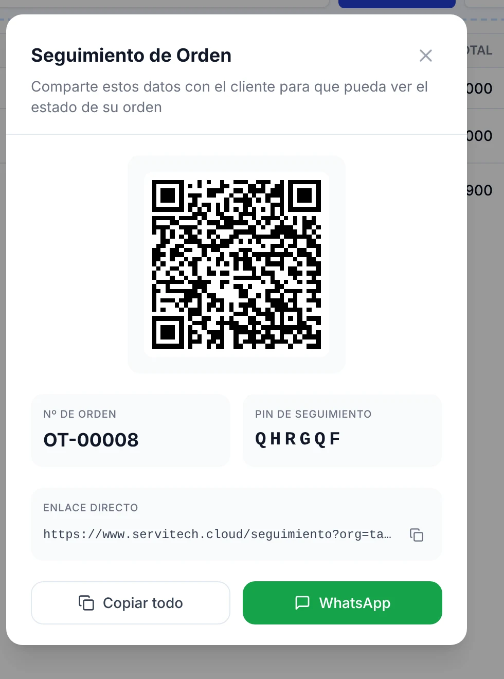 Ventana Seguimiento de Orden con código QR, número de orden, PIN y enlace directo