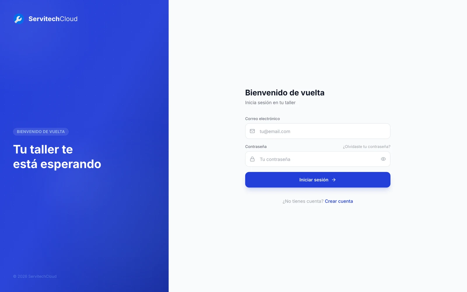 Pantalla de inicio de sesión de ServitechCloud con el formulario Bienvenido de vuelta