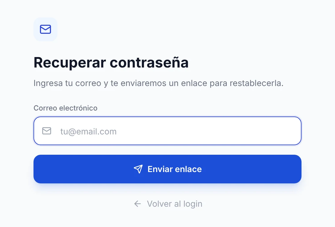 Pantalla Recuperar contraseña con el campo de correo y el botón Enviar enlace