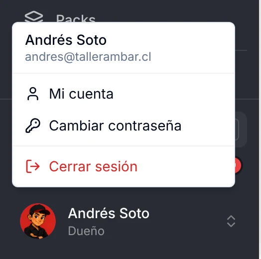 Menú del usuario con las opciones Mi cuenta, Cambiar contraseña y Cerrar sesión