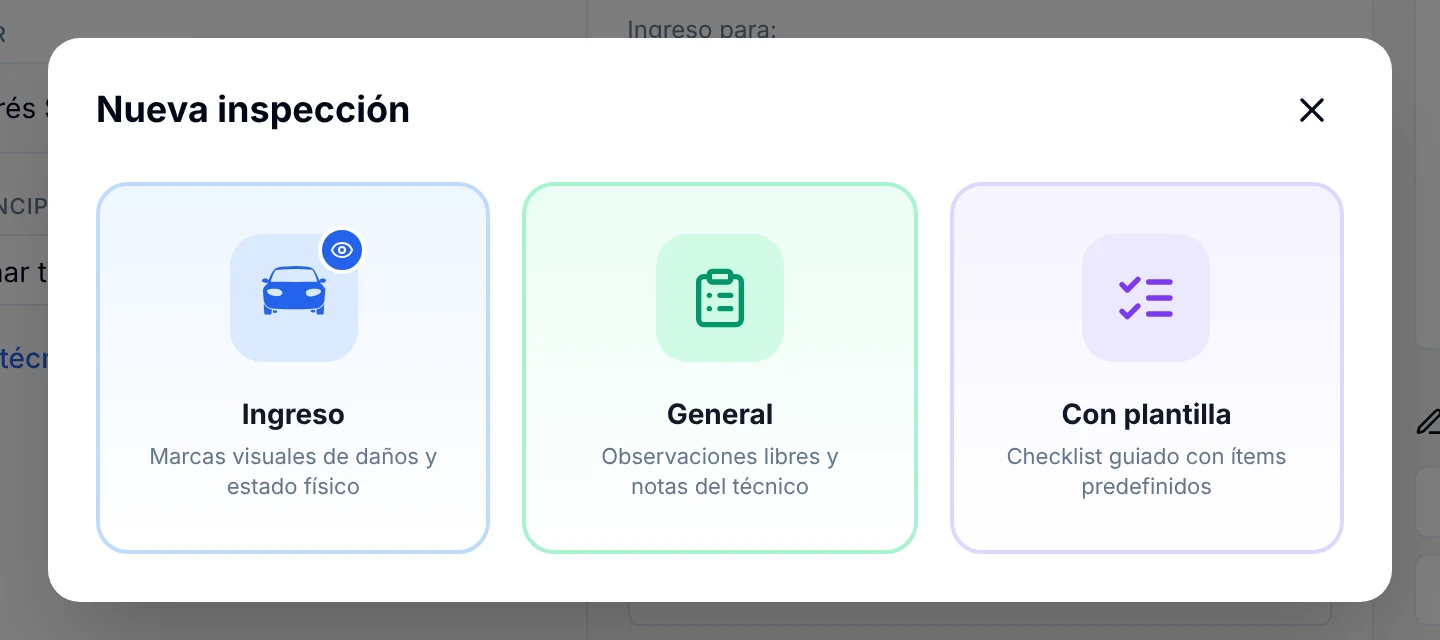 Ventana Nueva inspección con las opciones Ingreso, General y Con plantilla