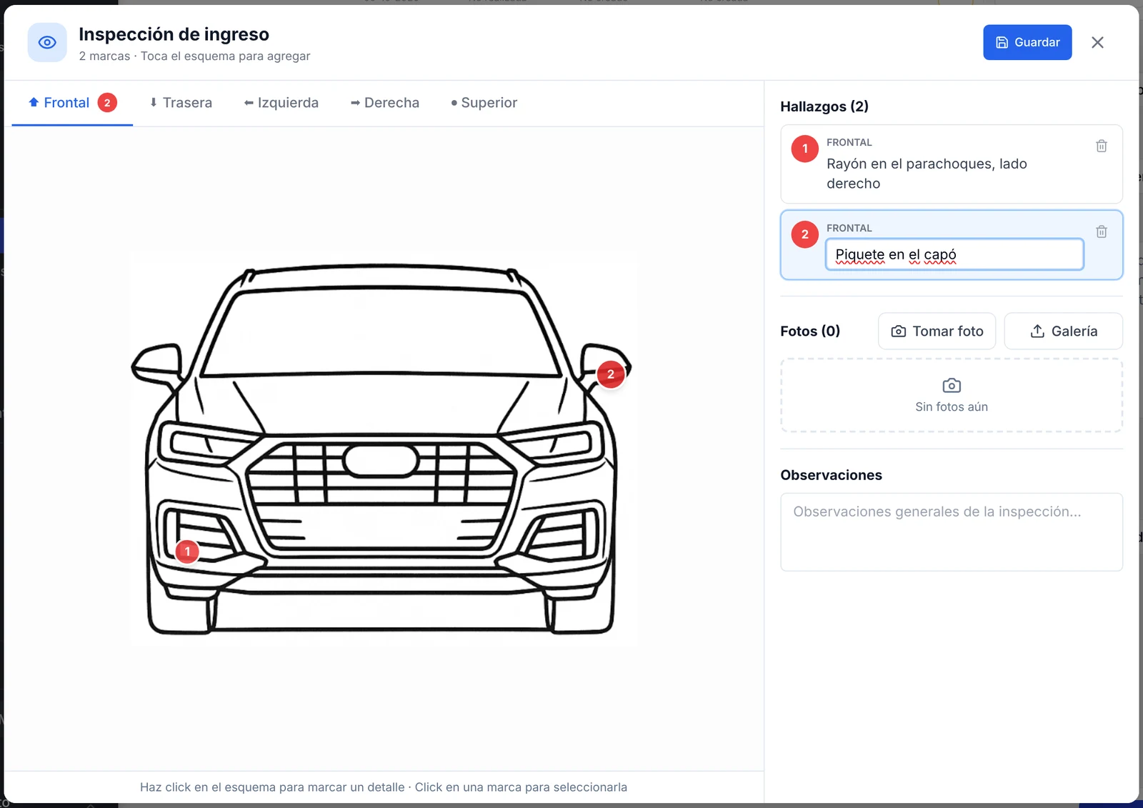 Vista Frontal con dos marcas numeradas sobre el esquema y sus descripciones en la lista de Hallazgos