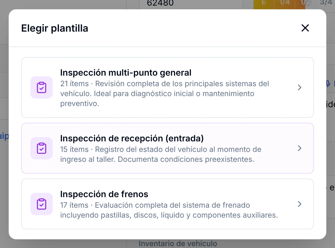 Ventana Elegir plantilla con las plantillas Inspección multi-punto general, Inspección de recepción y Inspección de frenos
