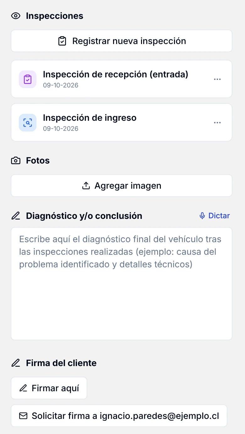 Columna Inspecciones del ingreso con la Inspección de recepción y la Inspección de ingreso ya guardadas
