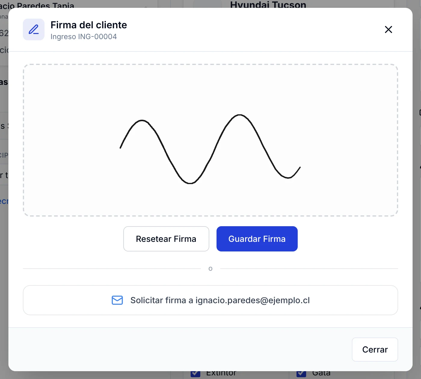 Ventana Firma del cliente con una firma trazada y los botones Resetear Firma y Guardar Firma