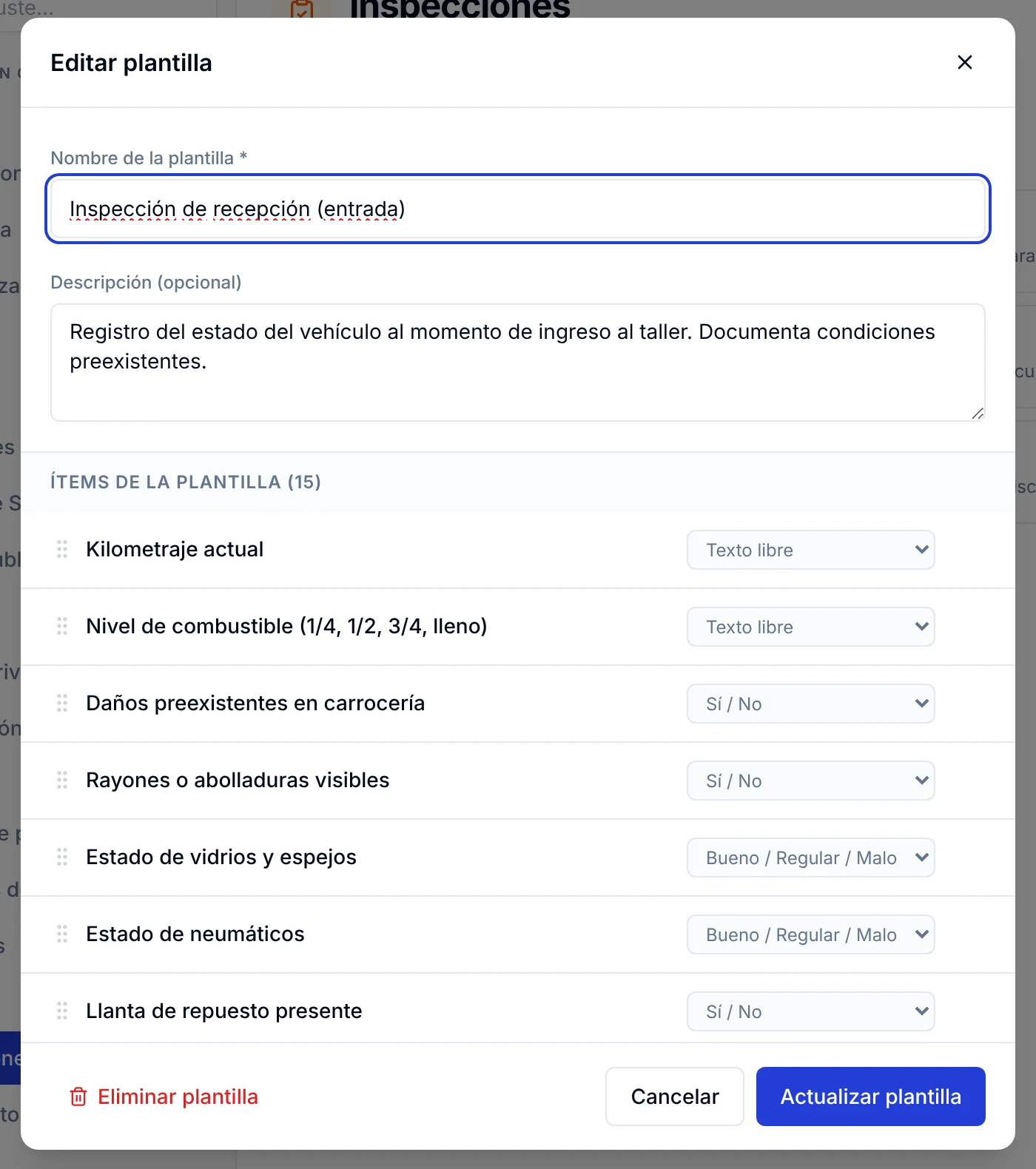 Ventana Editar plantilla con el nombre, la descripción y la lista de ítems con su tipo de respuesta