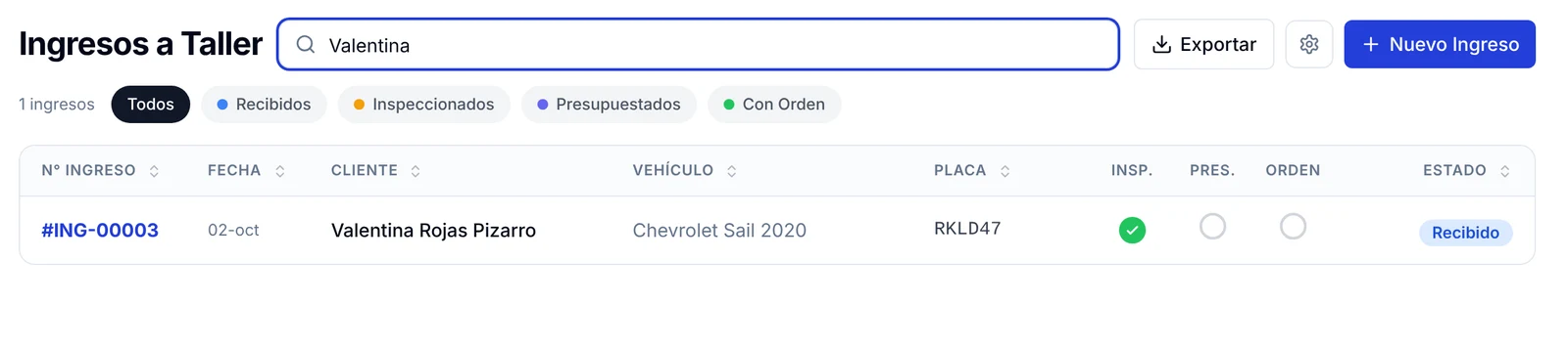 Buscador de ingresos con el texto Valentina y un único resultado en la tabla
