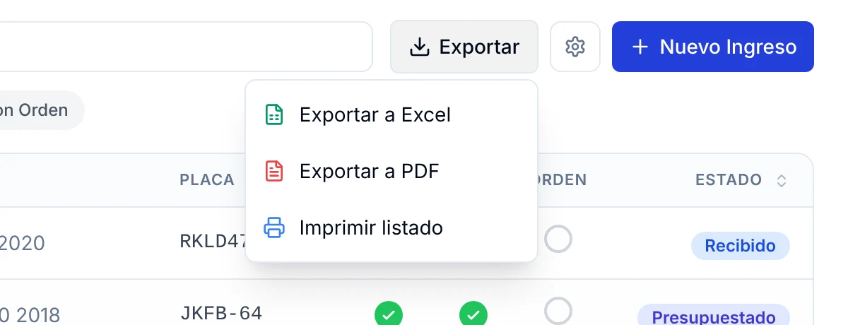 Menú Exportar con las opciones Exportar a Excel, Exportar a PDF e Imprimir listado