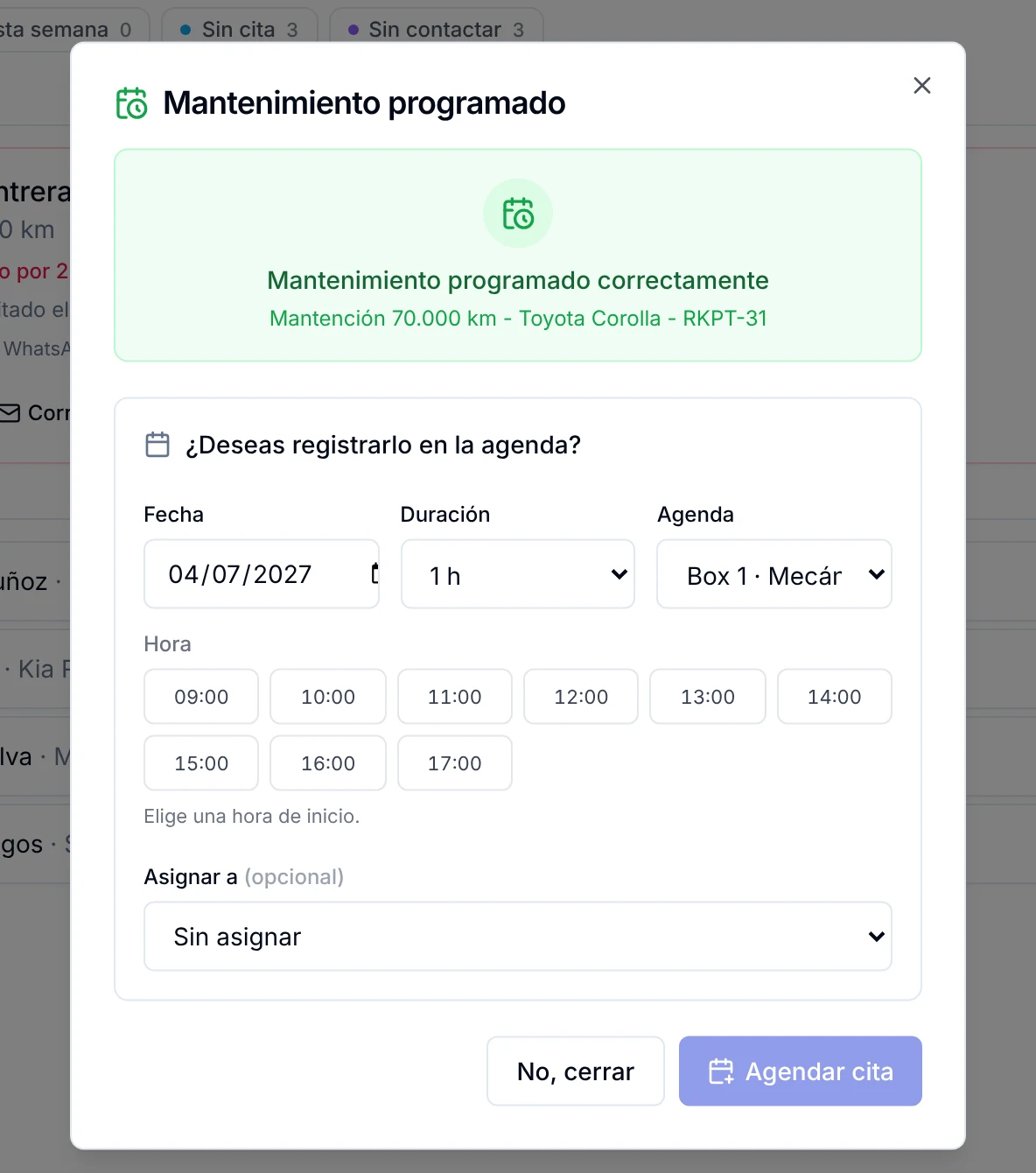 Ventana Mantenimiento programado que ofrece registrar la cita en la agenda