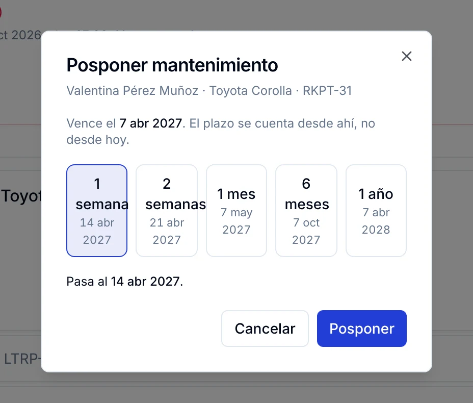 Ventana Posponer mantenimiento con los plazos disponibles y la fecha resultante