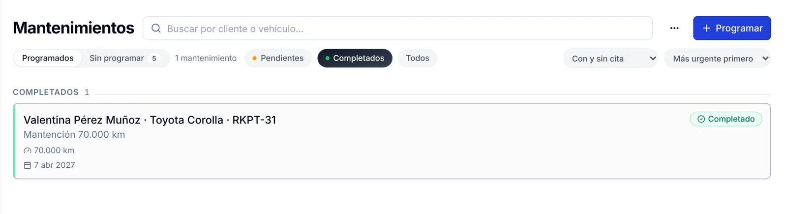 Filtro Completados con un mantenimiento marcado como Completado